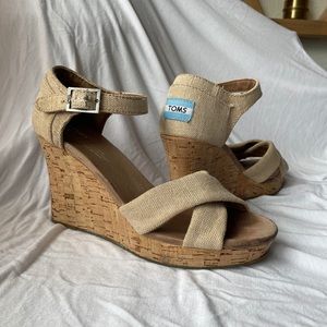 Toms Sienna Beige Canvas Cork Platform Wedges
